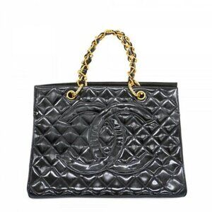 CHANEL CC Patent Shopping Tote Quilted Chain Shoulder Bag Gold Purse